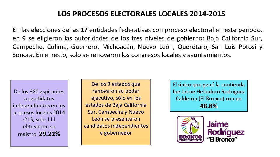 LOS PROCESOS ELECTORALES LOCALES 2014 -2015 En las elecciones de las 17 entidades federativas