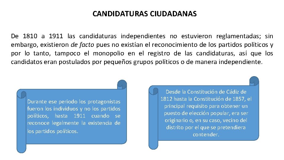 CANDIDATURAS CIUDADANAS De 1810 a 1911 las candidaturas independientes no estuvieron reglamentadas; sin embargo,