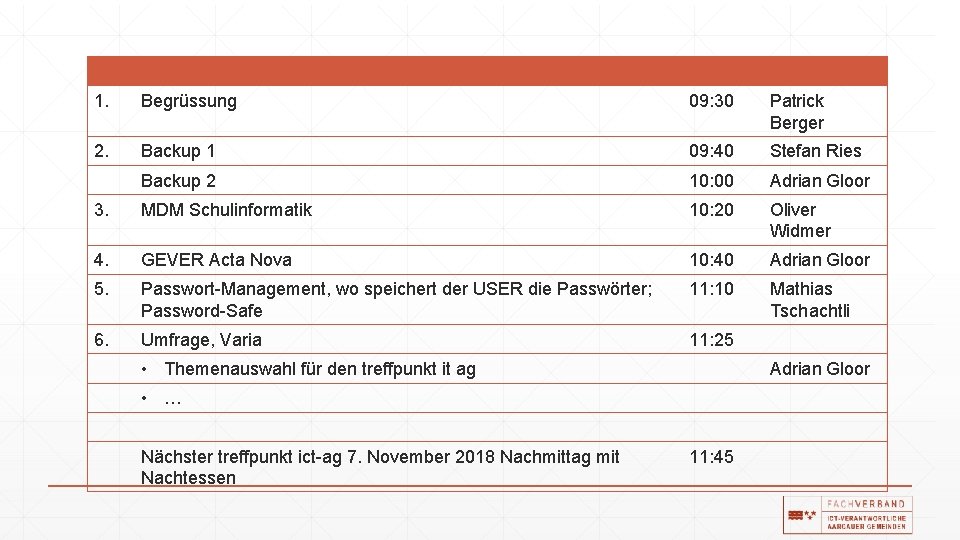 1. Begrüssung 09: 30 Patrick Berger 2. Backup 1 09: 40 Stefan Ries Backup