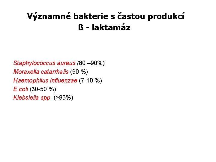  Významné bakterie s častou produkcí ß - laktamáz Staphylococcus aureus (80 – 90%)