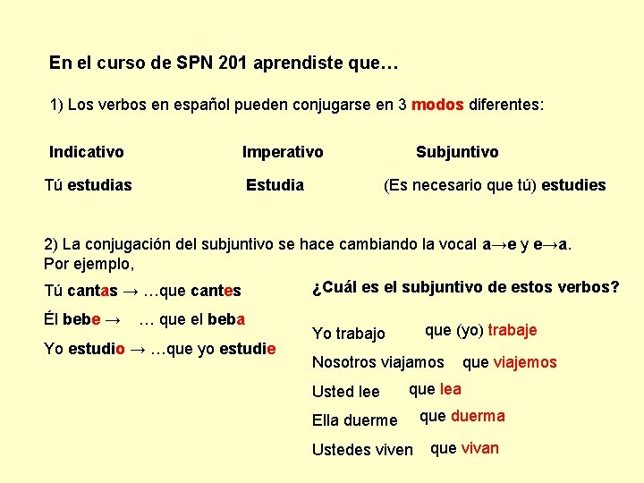 En el curso de SPN 201 aprendiste que… 1) Los verbos en español pueden
