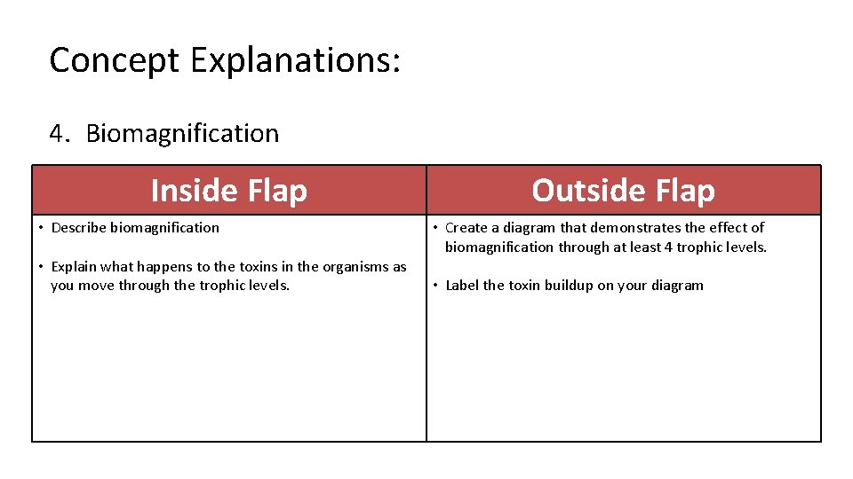 Concept Explanations: 4. Biomagnification Inside Flap • Describe biomagnification • Explain what happens to