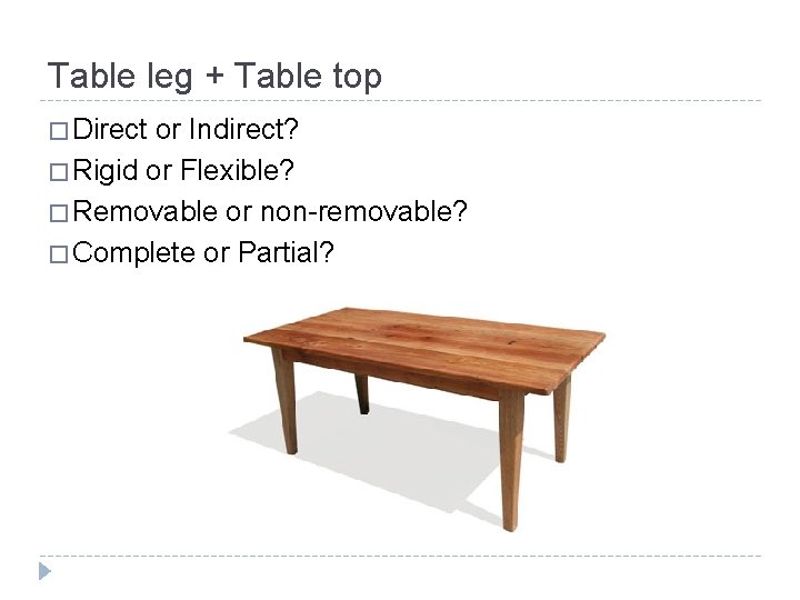 Table leg + Table top � Direct or Indirect? � Rigid or Flexible? �