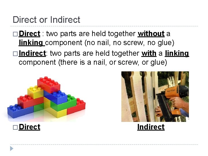 Direct or Indirect � Direct : two parts are held together without a linking