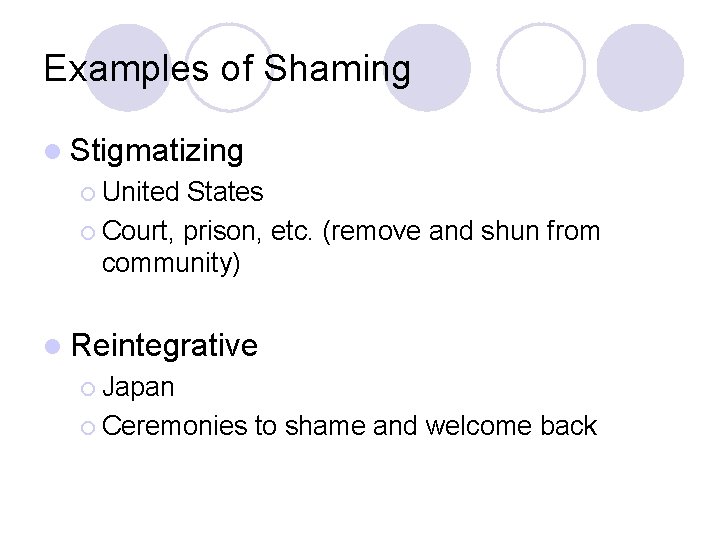 Examples of Shaming l Stigmatizing ¡ United States ¡ Court, prison, etc. (remove and