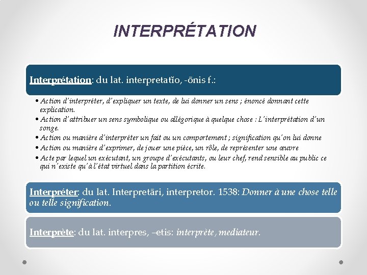 INTERPRÉTATION Interprétation: du lat. interpretatĭo, -ōnis f. : • Action d'interpréter, d'expliquer un texte,
