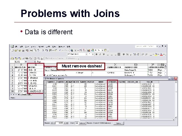 Problems with Joins • Data is different Must remove dashes! GIS 25 