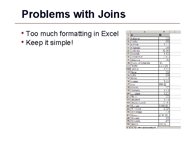 Problems with Joins • Too much formatting in Excel • Keep it simple! GIS