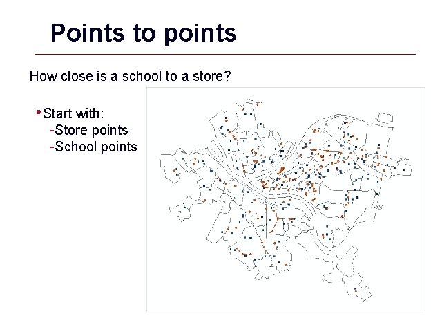 Points to points How close is a school to a store? • Start with: