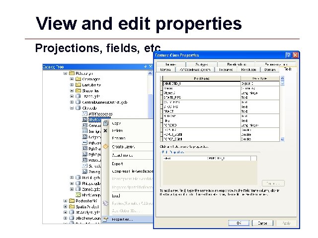 View and edit properties Projections, fields, etc. GIS 53 