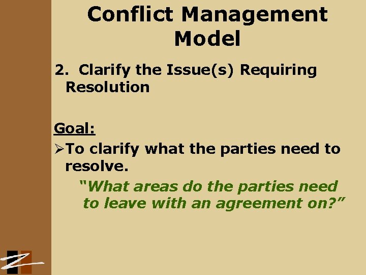 Conflict Management Model 2. Clarify the Issue(s) Requiring Resolution Goal: ØTo clarify what the