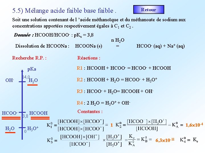 5. 5) Mélange acide faible base faible. Retour Soit une solution contenant de l