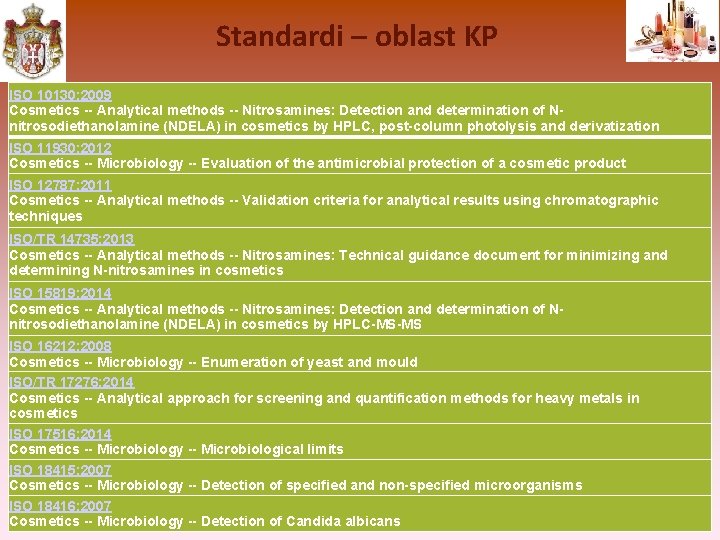 Standardi – oblast KP ISO 10130: 2009 Cosmetics -- Analytical methods -- Nitrosamines: Detection
