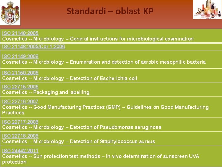 Standardi – oblast KP ISO 21148: 2005 Cosmetics -- Microbiology -- General instructions for