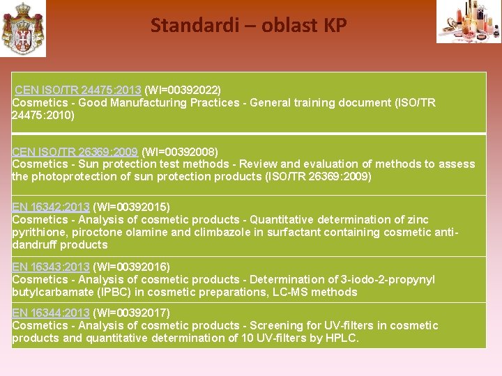 Standardi – oblast KP CEN ISO/TR 24475: 2013 (WI=00392022) Cosmetics - Good Manufacturing Practices