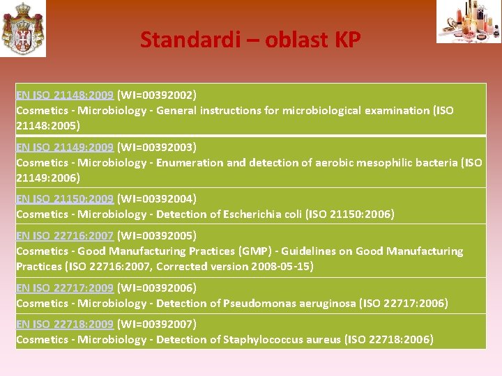 Standardi – oblast KP EN ISO 21148: 2009 (WI=00392002) Cosmetics - Microbiology - General