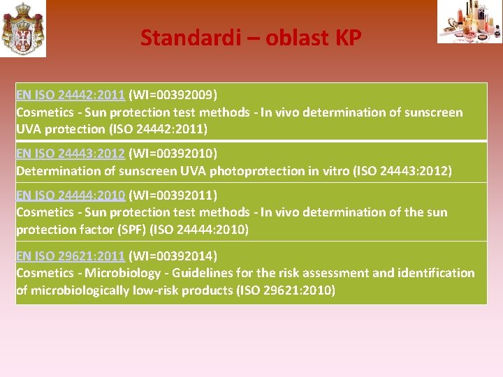 Standardi – oblast KP EN ISO 24442: 2011 (WI=00392009) Cosmetics - Sun protection test