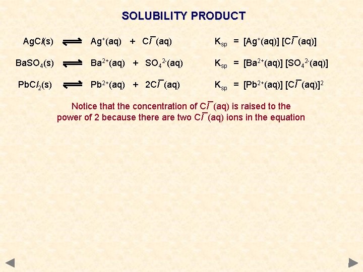 SOLUBILITY PRODUCT Ag. Cl(s) Ag+(aq) + Cl¯(aq) Ksp = [Ag+(aq)] [Cl¯(aq)] Ba. SO 4(s)