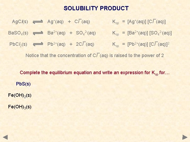 SOLUBILITY PRODUCT Ag. Cl(s) Ag+(aq) + Cl¯(aq) Ksp = [Ag+(aq)] [Cl¯(aq)] Ba. SO 4(s)