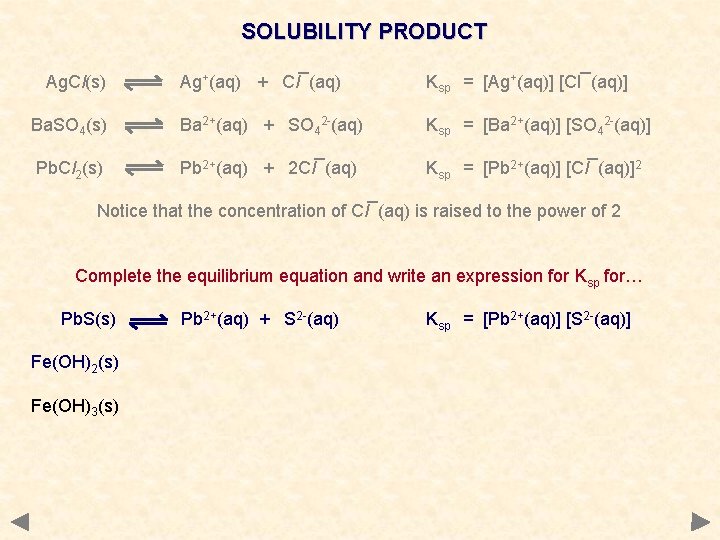 SOLUBILITY PRODUCT Ag. Cl(s) Ag+(aq) + Cl¯(aq) Ksp = [Ag+(aq)] [Cl¯(aq)] Ba. SO 4(s)