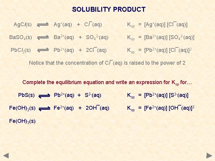 SOLUBILITY PRODUCT Ag. Cl(s) Ag+(aq) + Cl¯(aq) Ksp = [Ag+(aq)] [Cl¯(aq)] Ba. SO 4(s)