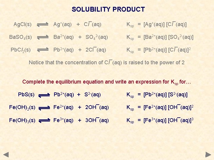SOLUBILITY PRODUCT Ag. Cl(s) Ag+(aq) + Cl¯(aq) Ksp = [Ag+(aq)] [Cl¯(aq)] Ba. SO 4(s)