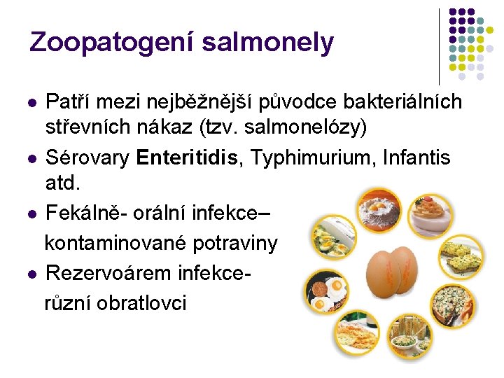 Zoopatogení salmonely Patří mezi nejběžnější původce bakteriálních střevních nákaz (tzv. salmonelózy) l Sérovary Enteritidis,