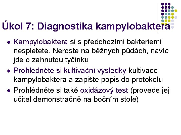 Úkol 7: Diagnostika kampylobaktera l l l Kampylobaktera si s předchozími bakteriemi nespletete. Neroste