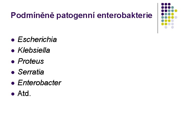 Podmíněně patogenní enterobakterie l l l Escherichia Klebsiella Proteus Serratia Enterobacter Atd. 