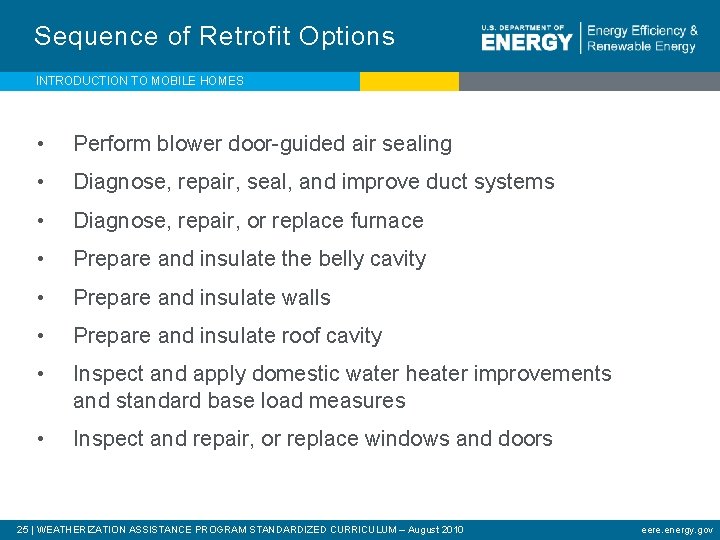 Sequence of Retrofit Options INTRODUCTION TO MOBILE HOMES • Perform blower door-guided air sealing