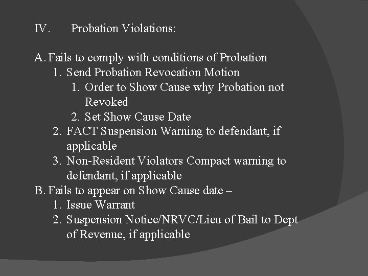 IV. Probation Violations: A. Fails to comply with conditions of Probation 1. Send Probation