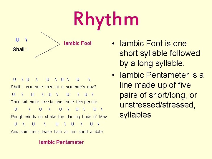 Rhythm U  Iambic Foot Shall I U  U  Shall I com