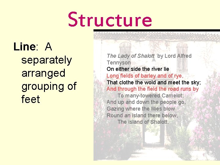 Structure Line: A separately arranged grouping of feet The Lady of Shalott by Lord