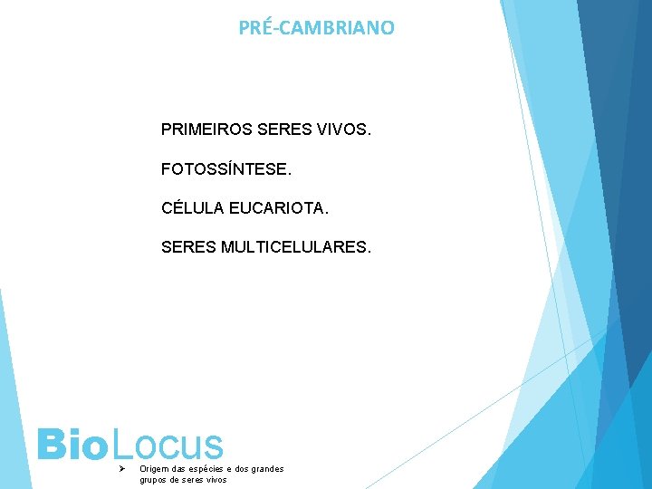 PRÉ-CAMBRIANO PRIMEIROS SERES VIVOS. FOTOSSÍNTESE. CÉLULA EUCARIOTA. SERES MULTICELULARES. Bio. Locus Ø Origem das