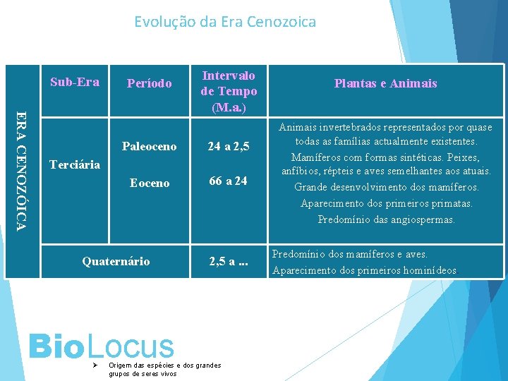 Evolução da Era Cenozoica Sub-Era Período ERA CENOZÓICA Terciária Intervalo de Tempo (M. a.