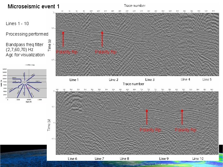 Microseismic event 1 Lines 1 - 10 Processing performed Bandpass freq filter (2, 7,