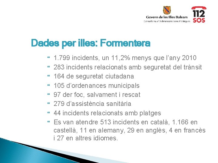 Dades per illes: Formentera 1. 799 incidents, un 11, 2% menys que l’any 2010