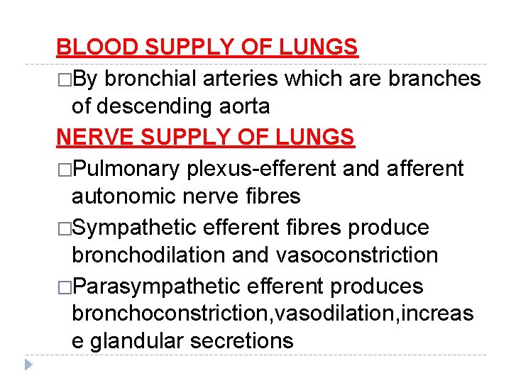 BLOOD SUPPLY OF LUNGS �By bronchial arteries which are branches of descending aorta NERVE