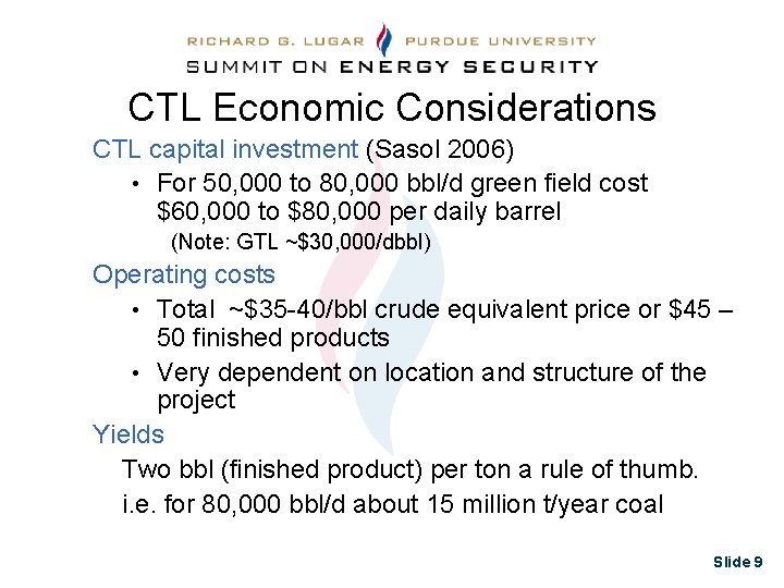 CTL Economic Considerations CTL capital investment (Sasol 2006) • For 50, 000 to 80,