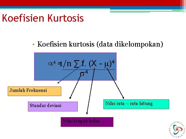Koefisien Kurtosis • Koefisien kurtosis (data dikelompokan) 4 =1/n ∑ f. (X - )4 Koefisien Kurtosis • Koefisien kurtosis (data dikelompokan) 4 =1/n ∑ f. (X - )4