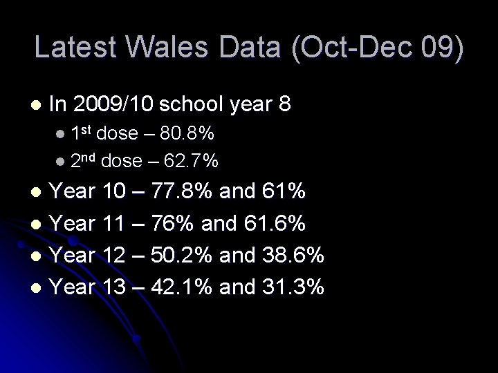 Latest Wales Data (Oct-Dec 09) l In 2009/10 school year 8 l 1 st