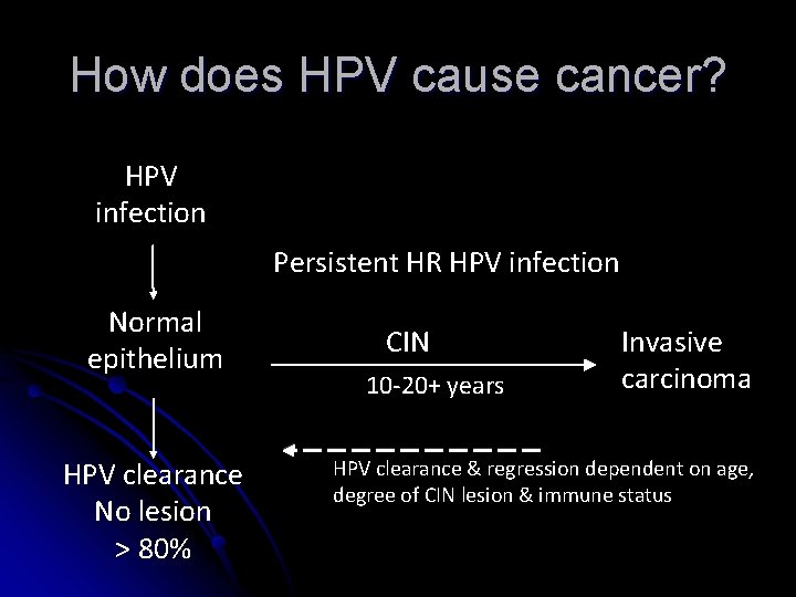 How does HPV cause cancer? HPV infection Persistent HR HPV infection Normal epithelium HPV