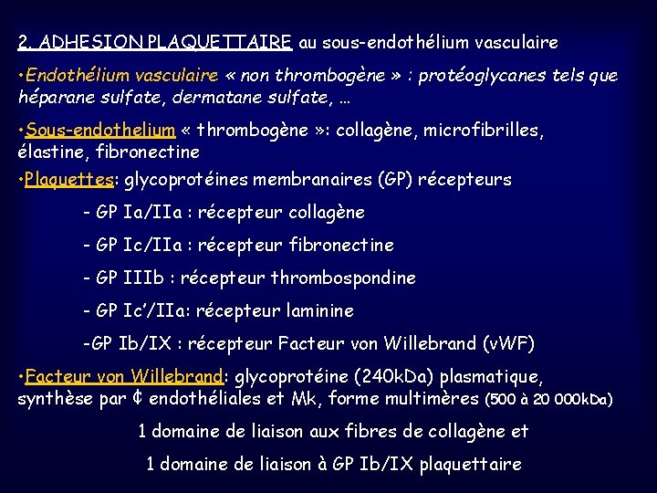 2. ADHESION PLAQUETTAIRE au sous-endothélium vasculaire • Endothélium vasculaire « non thrombogène » :