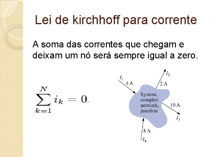 Lei de kirchhoff para corrente A soma das correntes que chegam e deixam um