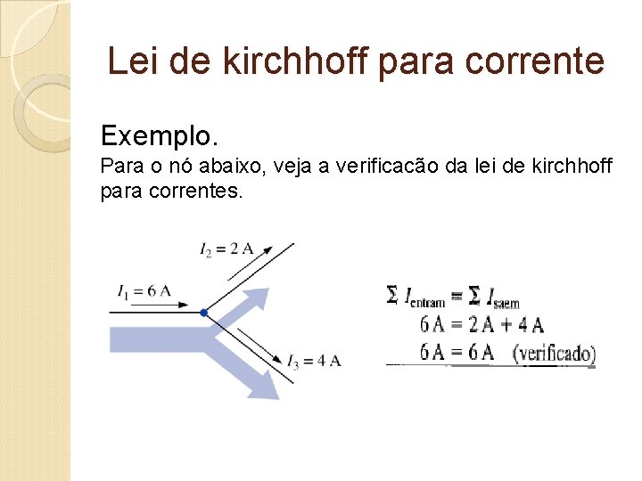 Lei de kirchhoff para corrente Exemplo. Para o nó abaixo, veja a verificacão da