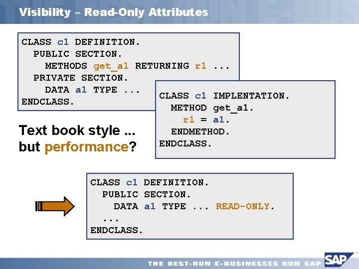 Visibility – Read-Only Attributes CLASS c 1 DEFINITION. PUBLIC SECTION. METHODS get_a 1 RETURNING