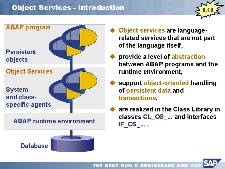 Object Services - Introduction ABAP program Persistent objects Object Services System and classspecific agents