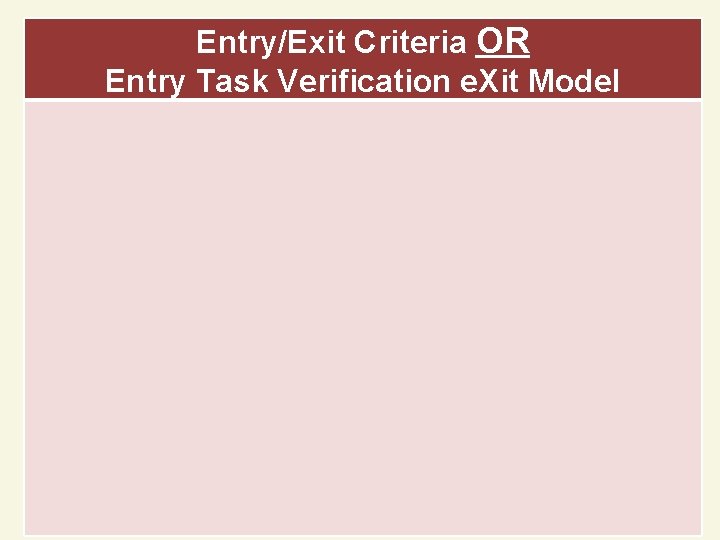 Entry/Exit Criteria OR Entry Task Verification e. Xit Model 