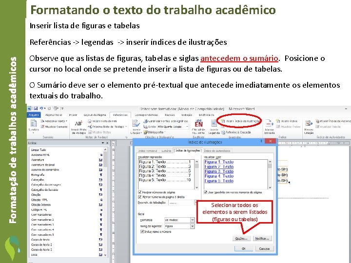 Formatando o texto do trabalho acadêmico Inserir lista de figuras e tabelas Formatação de