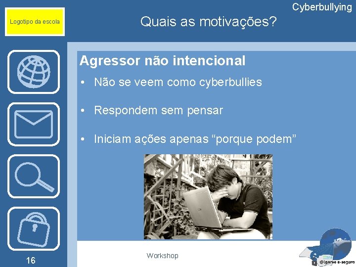 Cyberbullying Logotipo da escola Quais as motivações? Agressor não intencional • Não se veem